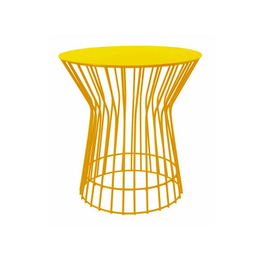 Bright yellow Marcel metal side table, modern hourglass design, perfect for bold living room decor.
