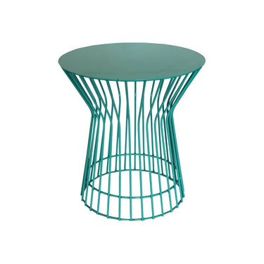 Turquoise green metal side table with round top and hourglass silhouette by Woodka Interiors