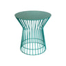 Turquoise green metal side table with round top and hourglass silhouette by Woodka Interiors