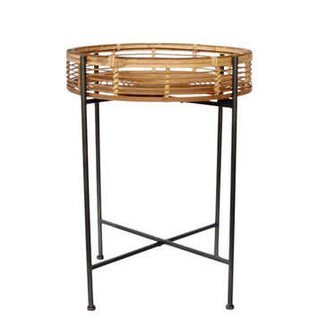Side table for living room with metal legs and rattan top