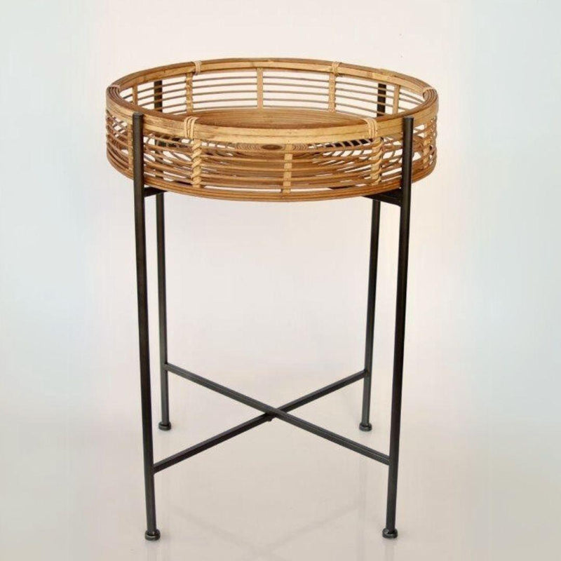 Round rattan tray table with metal base