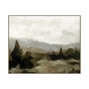  Midlands Meander Artprint of a rolling KZN woodland landscape featuring mountain silhouettes and an overcast sky in a dark floating frame.