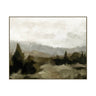  Midlands Meander Artprint of a rolling KZN woodland landscape featuring mountain silhouettes and an overcast sky in a dark floating frame.