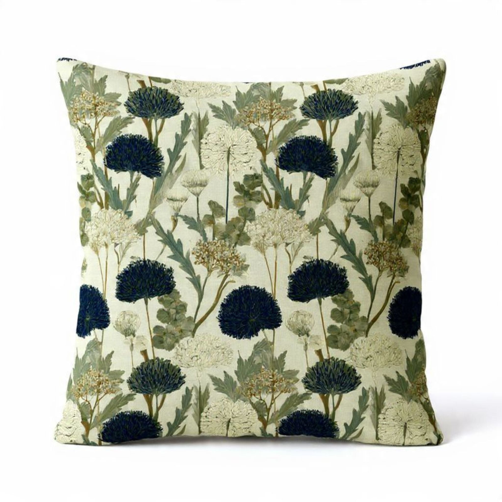 Midnight Thistle 60x60cm navy blue and sage green floral botanical scatter cushion.