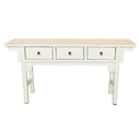 white 3-drawer console table with distressed lacquer and brass ring pulls for hallway