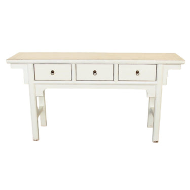 white 3-drawer console table with distressed lacquer and brass ring pulls for hallway