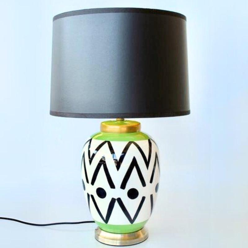 Modern ceramic table lamp – black, white, green & gold accents