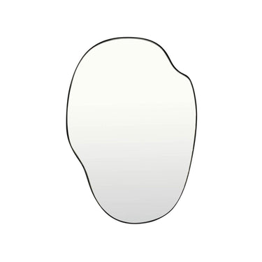 An organic-shaped wall mirror with a thin black frame, shown against a plain white background.