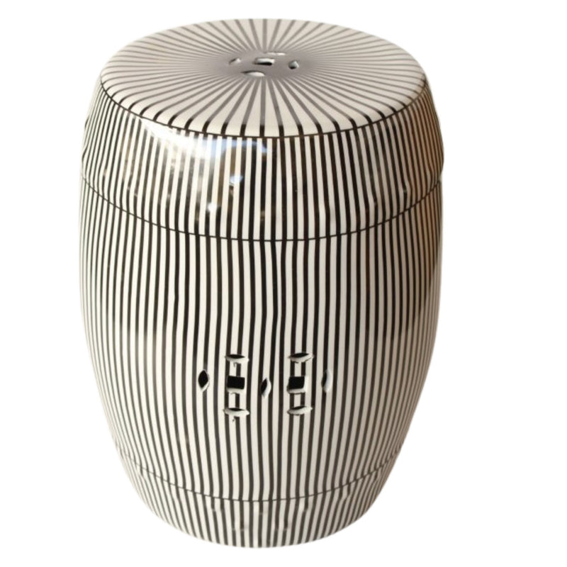 sunburst pattern top and drainage hole on a monochrome black and white pinstipe ceramic stool.