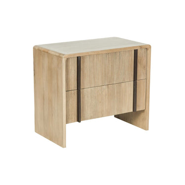 Montauk Nightstand two-drawer nightstand with vertically slatted drawer fronts and a modern open side design, shown on a plain white background.