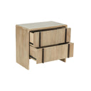 Montauk Nightstand natural wood two slatted drawer front and dark metal drawer pulls