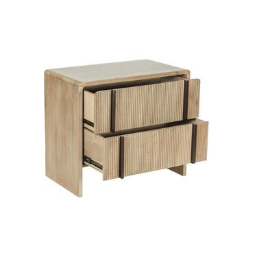 Montauk Nightstand natural wood two slatted drawer front and dark metal drawer pulls