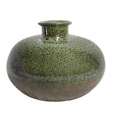Mottled green ceramic vase with a bulbous silhouette and bronze base.