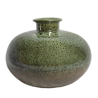 Mottled green ceramic vase with a bulbous silhouette and bronze base.