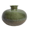 Mottled green ceramic vase with a bulbous silhouette and bronze base.
