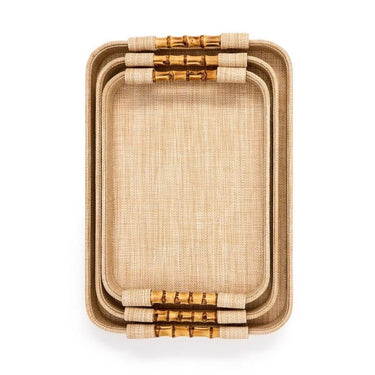Set of three nesting grasscloth raffia rectangular trays with light beige woven texture and real bamboo handles