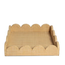 Natural tan square scalloped woven tray made from raffia fiber.
