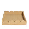 Natural tan square scalloped woven tray made from raffia fiber.
