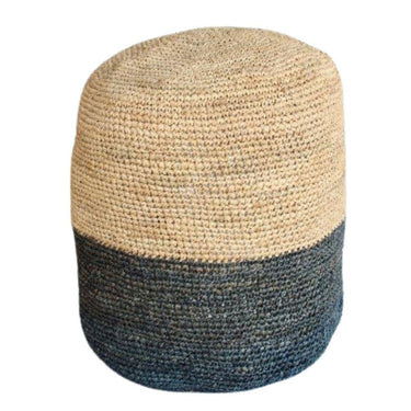 Woven pouf footrest in black and natural color.