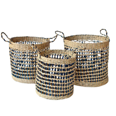 Woven basket set of 3 with navy blue detailing.