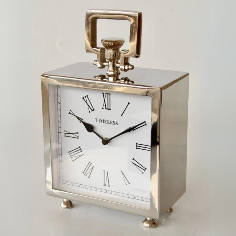 Large 32cm square nickel table clock with pocket watch top handle and Roman numerals for home or office.