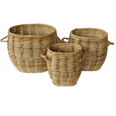 Large, medium, and small oval rattan baskets for organizing your home.