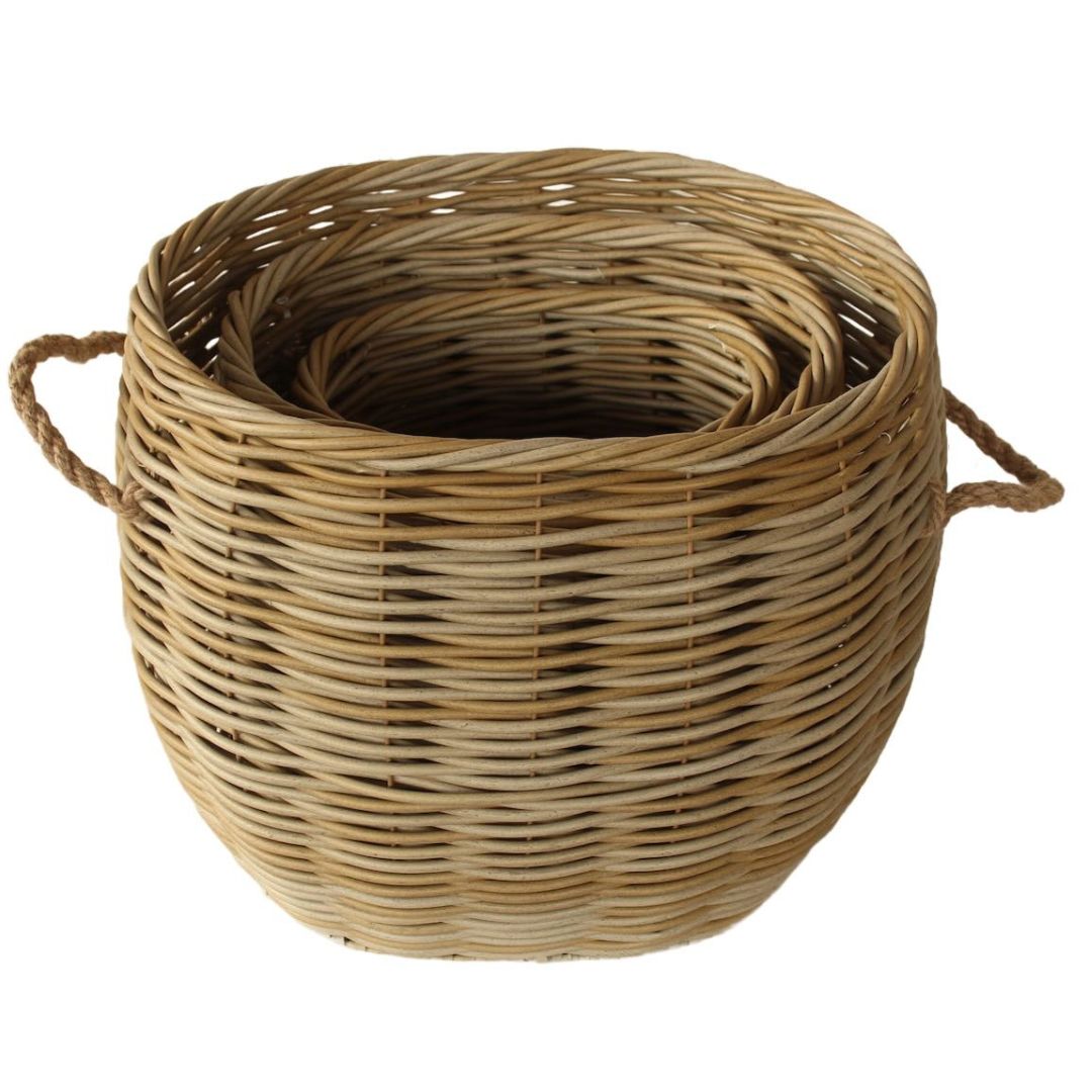 Oval rattan baskets with rope handles for stylish storage.