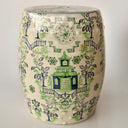 Decorative occasional stool with pagoda motifs in green and blue