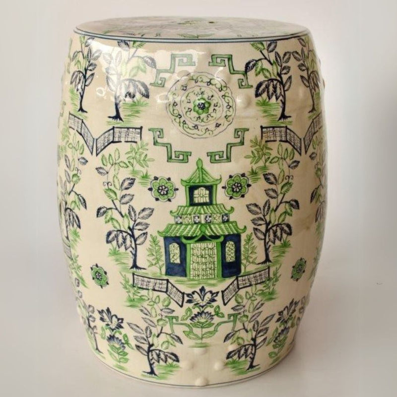 Decorative occasional stool with pagoda motifs in green and blue