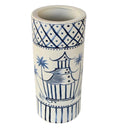 Stylish umbrella stand featuring intricate blue and white pagoda designs.
