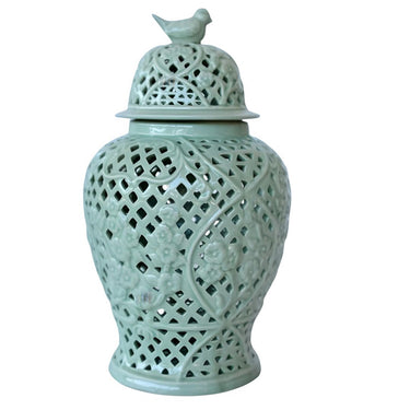 Large decorative ginger jar with an intricate lattice design.