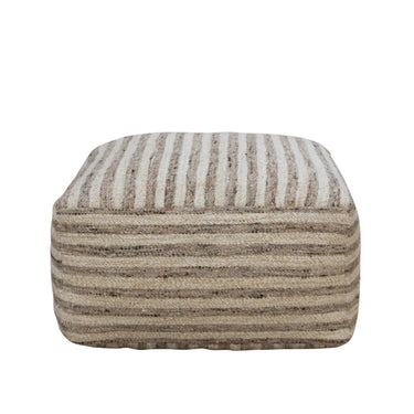 Square Paralla ottoman in wool and jute with neutral beige stripes.