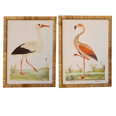 Framed art prints featuring illustrations of a white stork (left) and a pink flamingo (right) set inside a natural, light brown woven rattan frame