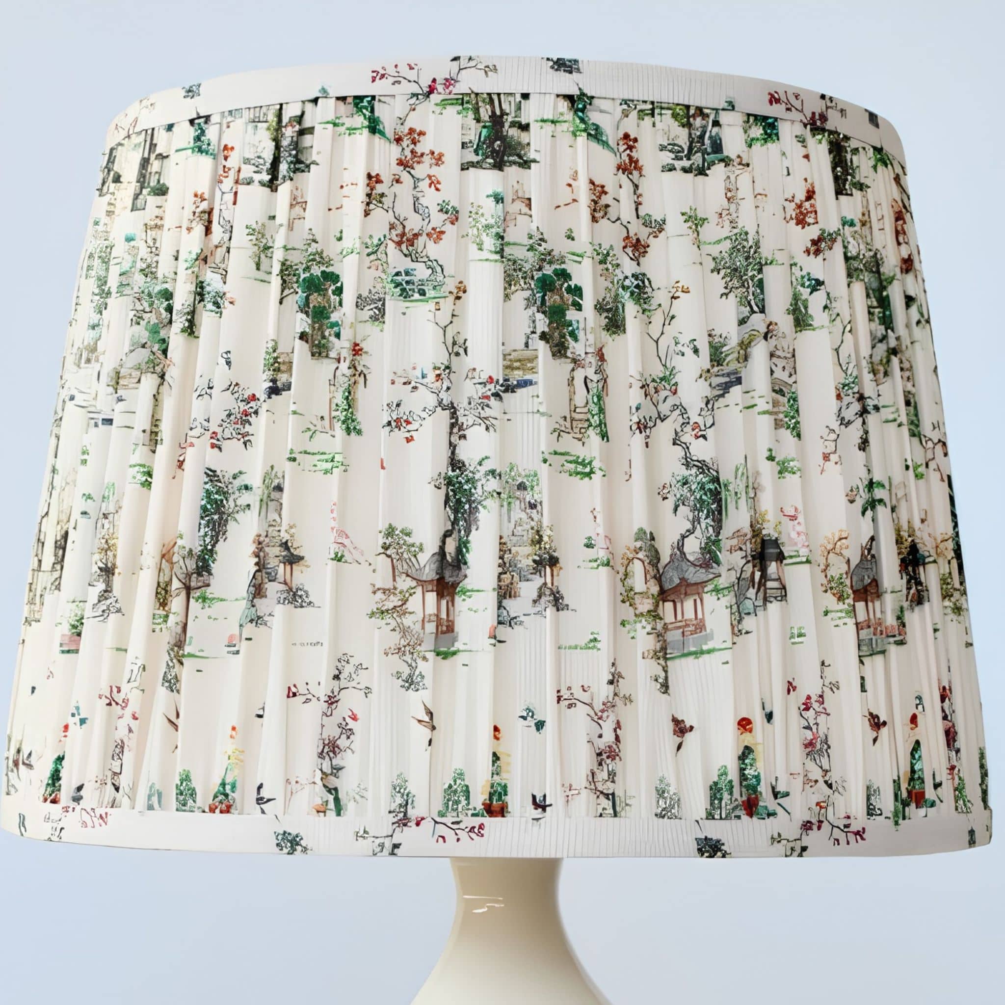 a pleated empire fabric shade featuring a traditional oriental landscape toile print on cream double gourd table lamp, 65cm