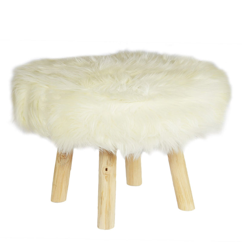 White faux fur stool with natural wood base, 60 cm wide, perfect for cozy Scandinavian-style interiors