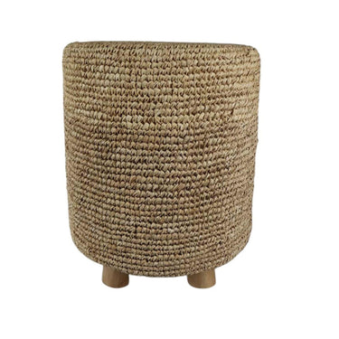 Natural woven stool made from raffia with wooden legs,