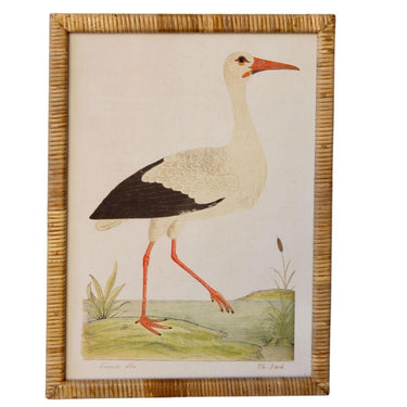 Rattan framed picture with a stork design for wall décor