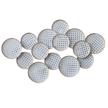 Rattan Metal Wall Decor, A collection of white and gold circles elegantly arranged on a white surface, showcasing modern luxury and artistic design.