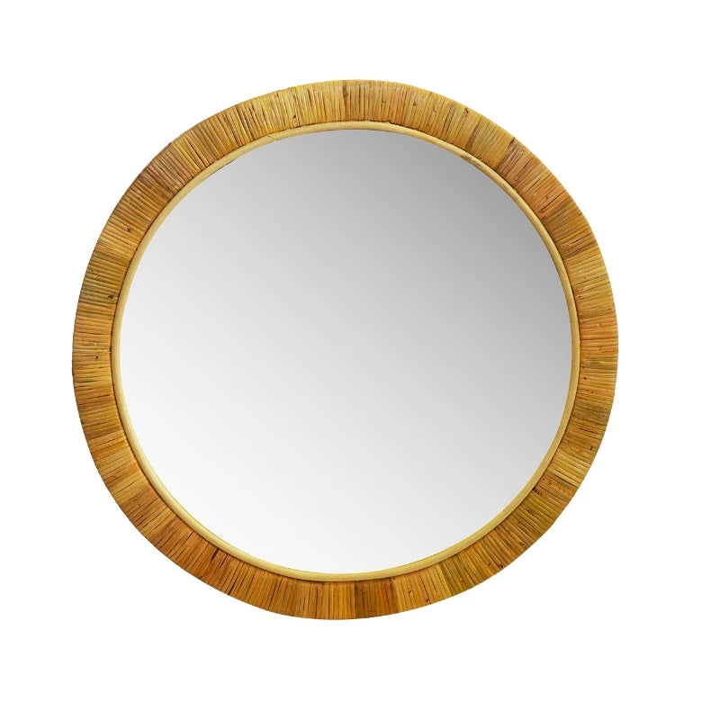 Round wall mirror with a rattan frame