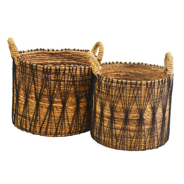 Banana fiber storage baskets with bold black accents, ideal for plant display