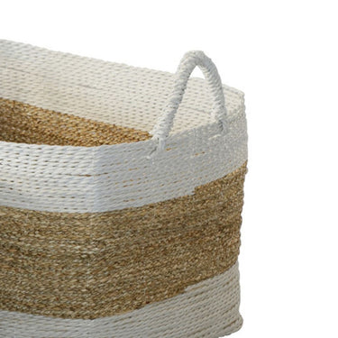 Handwoven rectangle baskets with natural and white tones.