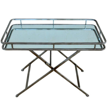 Rectangular butlers tray with mirrored top and gold-silver metal legs.