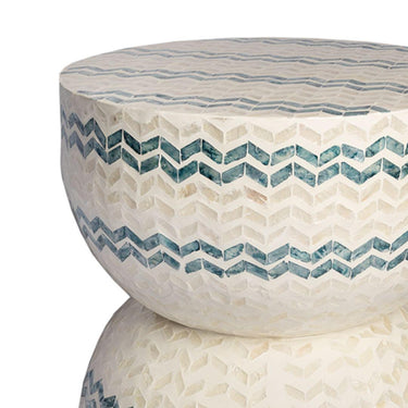 Handcrafted accent Table top in blue, white, and cream geometric pattern