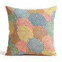 Riviera Parasol scatter cushion with a retro pattern of overlapping striped beach umbrellas in vibrant shades.
