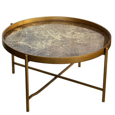 Glass coffee table with antique map design and bronze metal legs