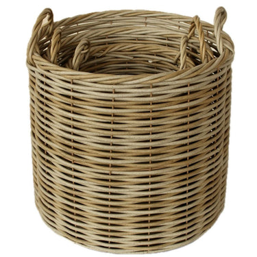 Set of 3 round rattan baskets for home decor and practical storage solutions.