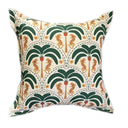 Safari palm scatter cushion with repeating pattern of green palm trees and golden leopards