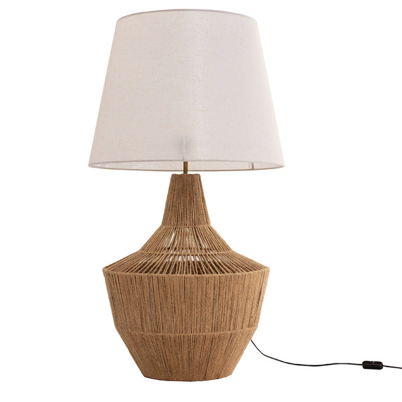 Large-scale Saigon Jute Table Lamp featuring a thick, bulbous hand-woven natural jute rope base paired with a tall, neutral polyester linen drum fabric shade