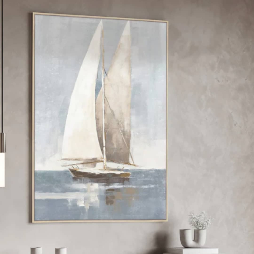 Sail Away Wall Art in Ocean on grey wall