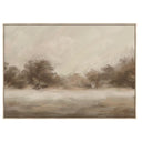 Framed, printed canvas with hand painted finish in dusk with trees and a misty sky.